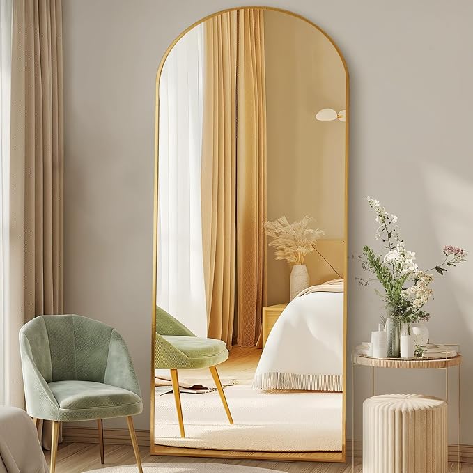 DUMOS Arched Full Length Mirror with Stand Floor Free Standing Aluminum Frame for Bedroom Body Hanging Leaning Modern Simple Home Decor Shatter-proorf Nano Glass Wall Gold 65"x24"
