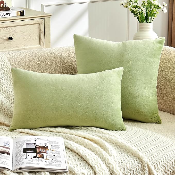 Throw Pillow Covers Sage Green Set of 2 16x16 Inch Pillow Covers, Soft Velvet Decorative Pillowcases for Couch Sofa Bed, Home Boho Decor, Modern Farmhouse Cushion Covers