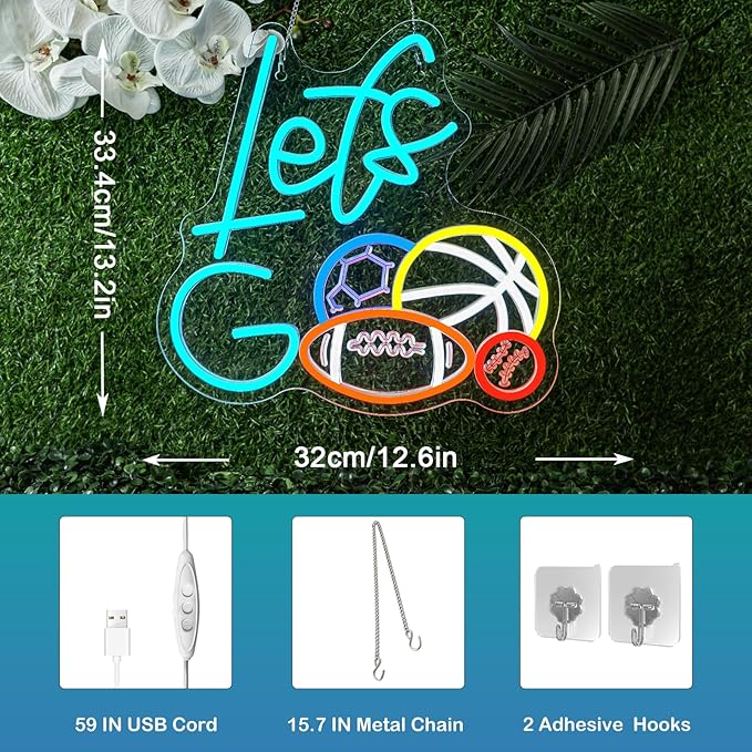 Sports Neon Sign Let's Go Basketball LED Light 4 Balls Combination Sign Light Up Baseball Wall Decor for Gym Themed Party Lighted Football Gifts for Sports Lover