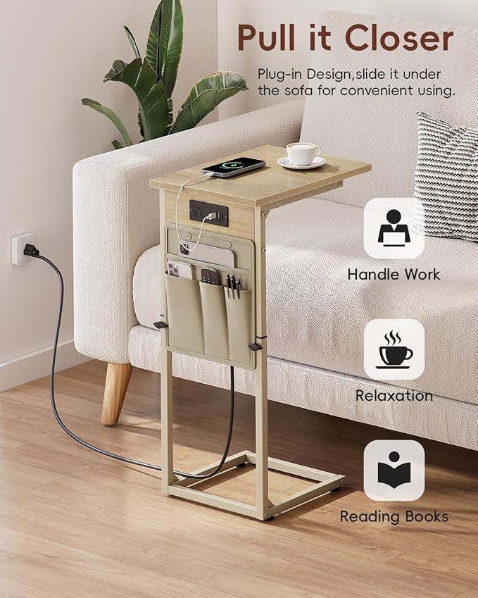 Vagusicc C Shaped End Table with Charging Station, Adjustable Height C Table End Table, Small Side Table for Couch, Couch Table Slide Under Sofa Table TV Tray Arm Table for Living Room,Bedroom,Natural