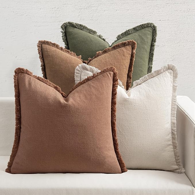 MIULEE Decorative Couch Pillow Covers Neutral Linen Fringe Throw Pillows Set of 4 Soft Rustic Cushions Boho Farmhouse Pillowcases for Bed Sofa Living Room Spring Decor 20x20 Inch Beige/Brown/Green