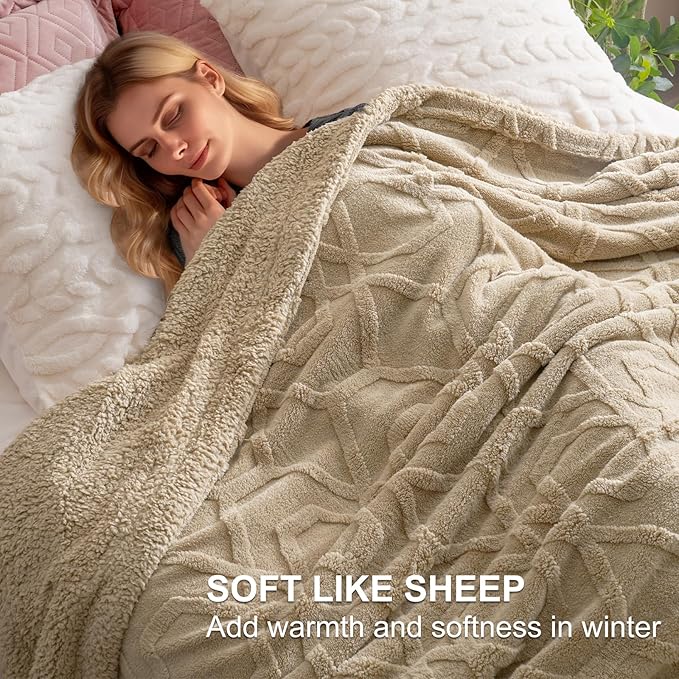 PHF Fluffy Sherpa Fleece Blanket Queen Size for Winter, Warm and Cozy, 510GSM 3D Tufted Shaggy Fleece Blanket for Sofa Bed, Khaki, 90"x90"