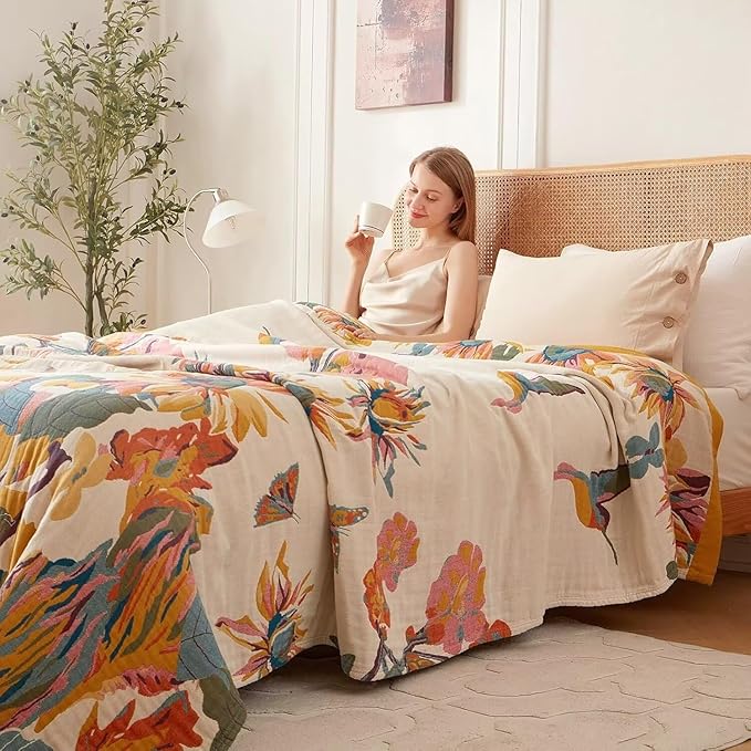Boho Throw Blanket - 100% Cotton Soft Spring Throw Blanket for Bed, 90"x108" Reversible Breathable Lightweight Blankets, All Seasons Farmhouse Decor Floral Plant Butterfly Throw Quilt