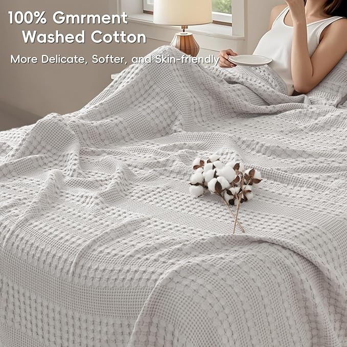PHF 100% Cotton Waffle Weave Blanket Twin Size for Bed, Soft Lightweight & Breathable for Spring and Summer, All-Season Comfort, Luxury Aesthetic Blanket for Home Decor, 66"x90", Light Grey