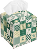 Christmas Patchwork Print Design Tissue Box Cover Holder, Green Waterproof Tissue Box Cover Square, Xmas Gift Ideas for Family Friends, Bathroom Kitchen Car Office Home Decor(5.2 Inches)-B20