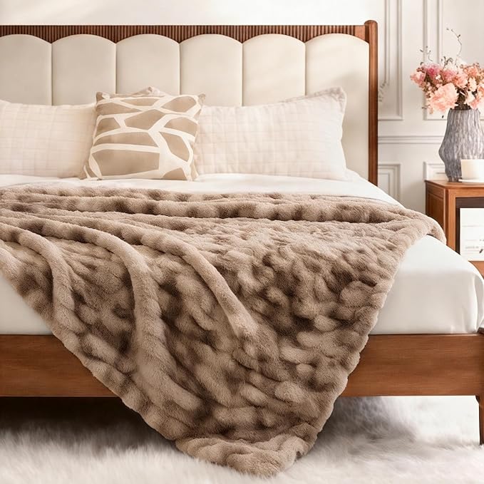 Ultra Soft Luxury Faux Fur Twin Blanket for Couch, Fuzzy Fluffy Plush Warm Cozy Ruched Blanket for Sofa Bedroom Living Room, Elegant Gift Idea for Women (60"x80",Tie-dye Coffee)