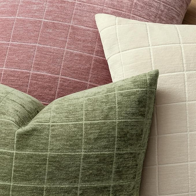 MIULEE Decorative Chenille Check Throw Pillow Covers Vintage Plaid Couch Pillows 18x18 Inch Set of 2 Neutral Boho Farmhouse Cushion Covers Modern Spring Decor for Sofa Bed Living Room Sage Green