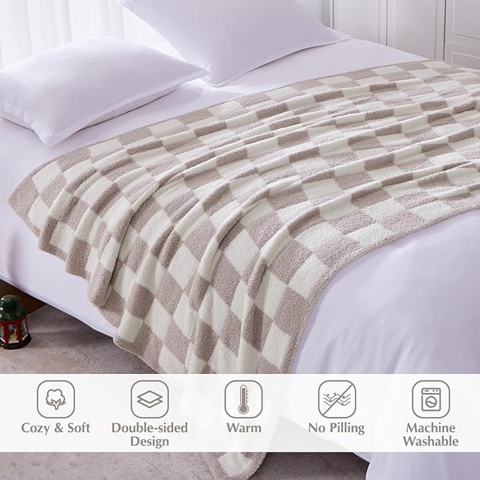 WRENSONGE Checkered Throw Blanket, Taupe Microfiber Soft Cozy Fluffy Warm Hand Made Throw Blankets for Couch, Sofa, Chair, Bed, Camping, Picnic, Travel Lightweight Bed Blanket - 50"*70"