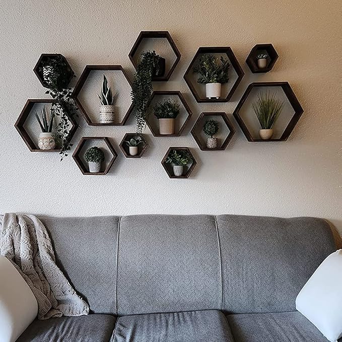 WONFUlity Hexagon Floating Shelves Honeycomb Shelves Wood Farmhouse Storage Wall Shelf for Bathroom, Kitchen, Bedroom, Living Room, Driftwood Finish Wall Decor