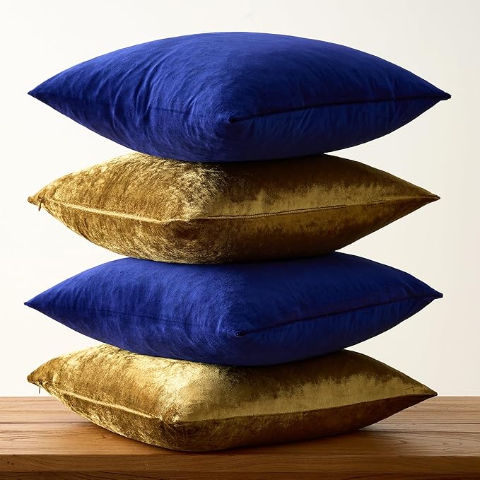 GIGIZAZA Gold Blue Pillow Covers 20x20 Set of 4,Velvet Luxury Couch Throw Pillow Soft Covers Decorative Modern Square Pillows Living Room Vintage Cushion Covers