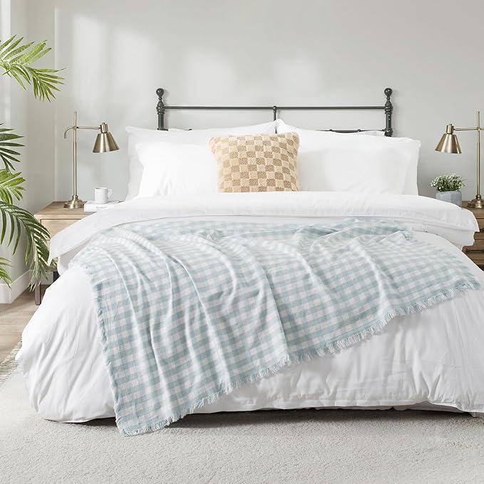 100% Cotton Throw Blanket Plaid Soft Lightweight Cozy Farmhouse Tassels Summer Thin Breathable Throws for Couch Sofa Bed (50" × 60" Blue)