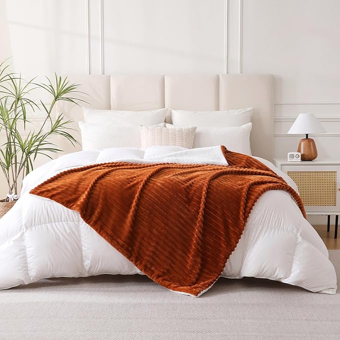 Burnt Orange Sherpa Fleece Throw Blanket 50”×60” for Couch Sofa Bed,Double Side Soft Fuzzy Cozy Plush Thick Flannel Blanket with Striped Design Gift for Mother Woman