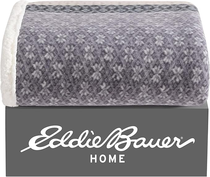 Eddie Bauer - Throw Blanket, Brushed Fleece & Plush Sherpa Bedding, Throw Blanket for Couch & Bed (Fair Isle Dark Steel, 50" x 70")