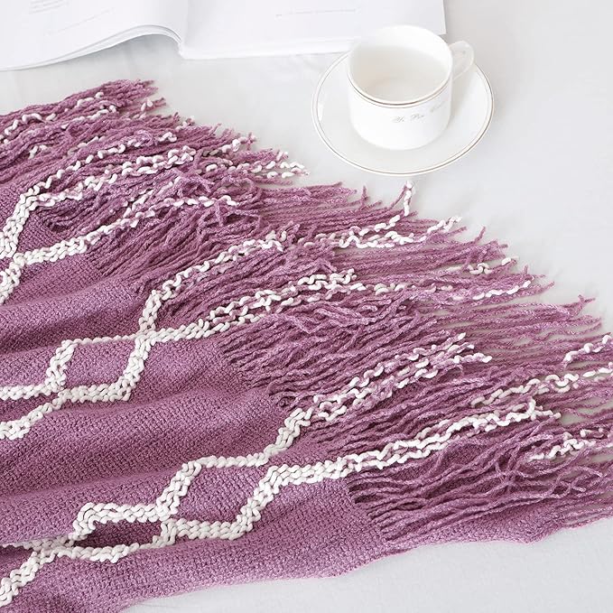 BOURINA Fluffy Chenille Knitted Fringe Throw Blanket Lightweight Soft Cozy for Bed Sofa Chair Throw Blankets, Deep Purple 60"x80"