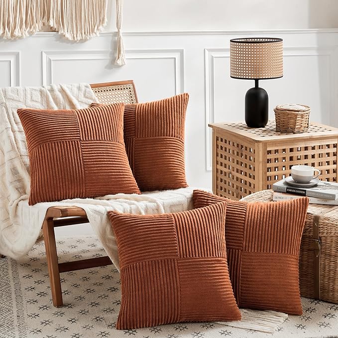 Fancy Homi 4 Packs Rust Decorative Throw Pillow Covers 20x20 Inch for Living Room Couch, Rustic Farmhouse Boho Home Decor, Soft Cross Corduroy Patchwork Accent Terracotta Square Cushion Case 50x50 cm