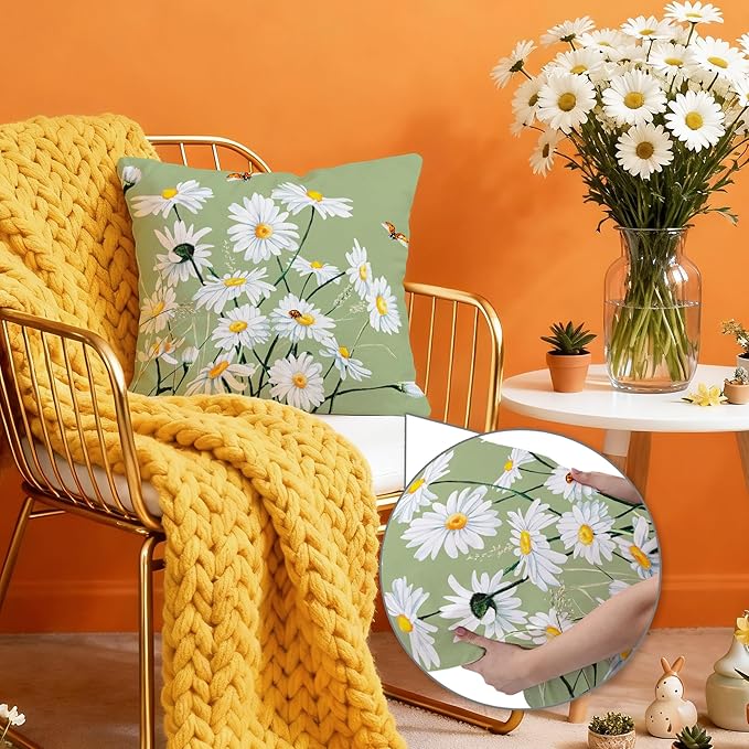 Hexagram Spring Summer Pillow Covers 16x16 Set of 4, Floral Daisy Outdoor Decorative Throw Pillow Covers, Green Farmhouse Cushion Case for Couch Sofa Living Room Bedroom Home Indoor Decor(No Insert)