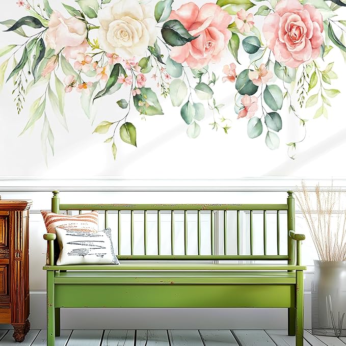 Flowers Leaves Wall Decals Peel and Stick, Large Hanging Floral Vinyl Wall Stickers, Removable Vine Home Decor Art for Bedroom Living Room Classroom Office