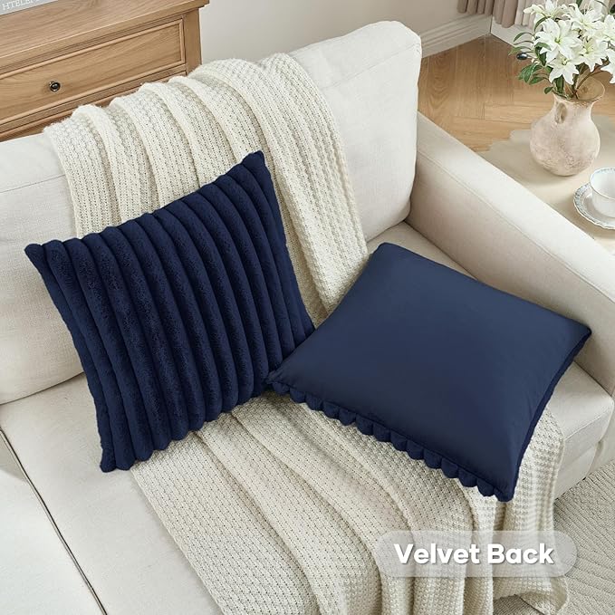 FUTEI Dark Navy Decorative Throw Pillow Covers Set of 2, 26x26 Inch Soft Fluffy Faux Fur Plush Striped Euro Pillow Shams, Modern Home Decor for Couch Bed Living Room