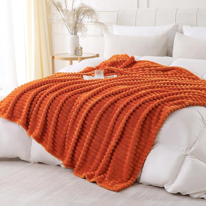 Orange Throw Blanket for Couch Sofa 60x80 inches Striped Fleece Blankets Room Home Decor Lightweight Plush Soft Cozy Gifts for Women Mom Girls