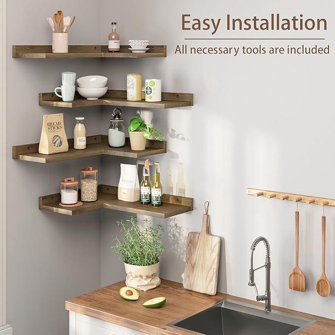 Floating Corner Shelves Set of 4, Rustic Pine Wooden Floating Corner Wall Shelf for Wall Décor Storage, L Shaped Corner Shelf Wall Mount For Bedroom, Living Room, Bathroom, Kitchen, Light Brown
