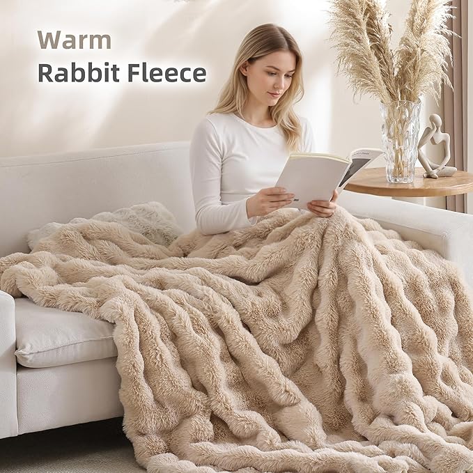 Smoofy Faux Fur Throw Blanket for Couch – Linen Fluffy Cozy Rabbit Fleece, Plush Soft Bubble Blanket for Sofa & Bed, for Mom, Warm Fuzzy Home Room Decor Throw 60" x 80"