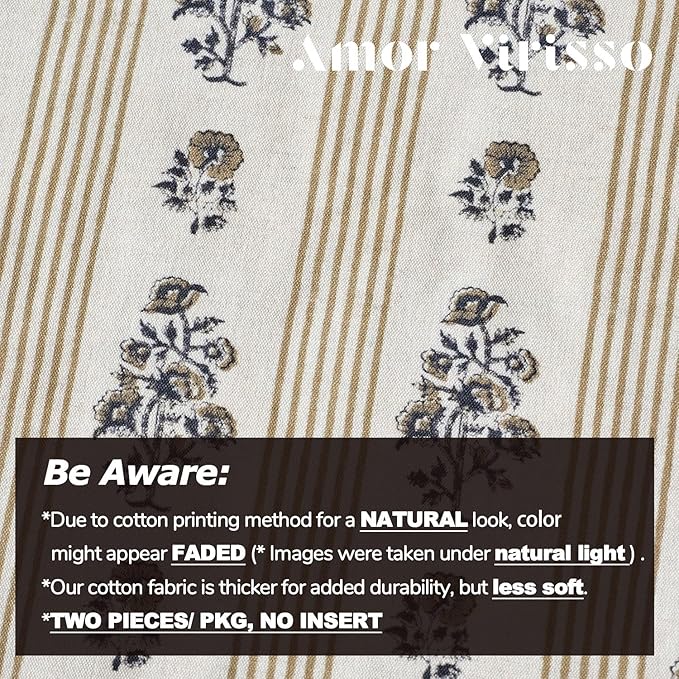Amor Virisso Floral Throw Pillow Covers 24x24 Set of 2 Block Print Pillow Covers Neutral Floral Striped Farmhouse Decorative Pillow Covers for Sofa Couch Bed, Yellow