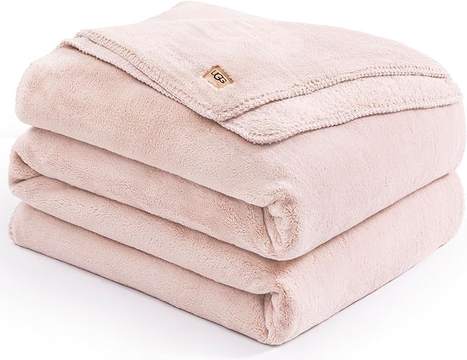 UGG Whitecap Full/Queen Blanket, Fleece Fluffy Blanket for Bed, Luxury Cozy Oversized Throw for Couch, Washable Hypoallergenic Queen Bedding, Cute Decor, 90" x 90", Quartz Pink
