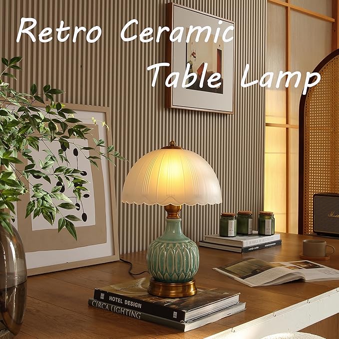 Vintage Table Lamp for Living Room,16" Mid Century Modern Ceramic Lamps for Bedroom,Retro Bedside Nightstand Mushroom Glass Lamps, Classic Chinoiserie Green Lamp for Home Decor (LD002)
