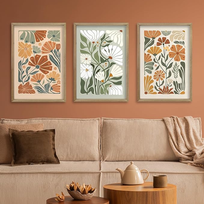 Wildflower Floral Green Botanical Wall Art Print 16"x24" Set of 3 flower Illustrations Minimalist Modern Boho Sign Wood Framed for Living Room Bedroom Office Abstract Wall Hang Decor (Wood)