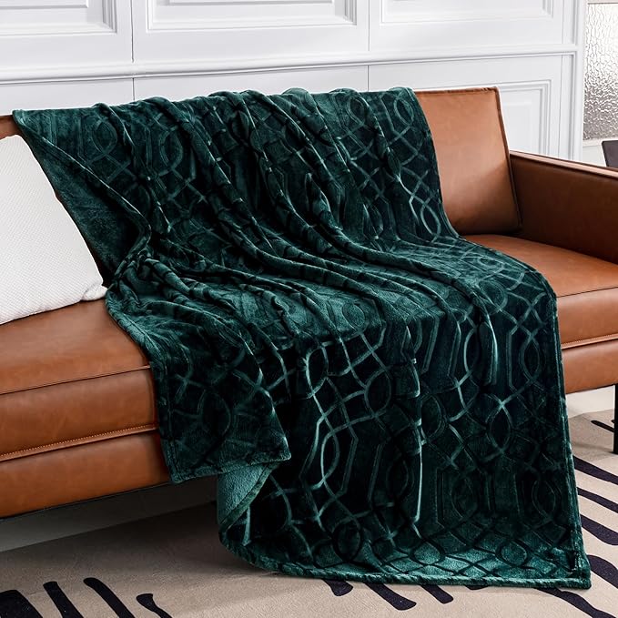 Soft Cozy Fleece Queen Size Blanket, 90x90 Inches – Lightweight Plush Blanket for Bed, Fuzzy 3D Jacquard Design - Forest Green