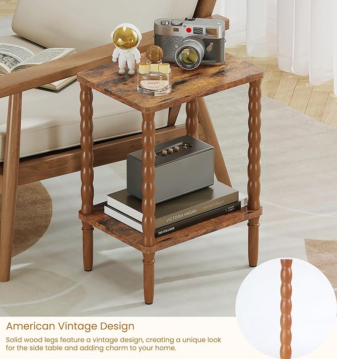Small Narrow Side Table, Vintage End Table - Skinny Bedside Nightstand for Small Spaces, Couch/Recliner Accent Table for Bedroom Living Room Nursery, No-Tool Assembly (Rustic Brown)