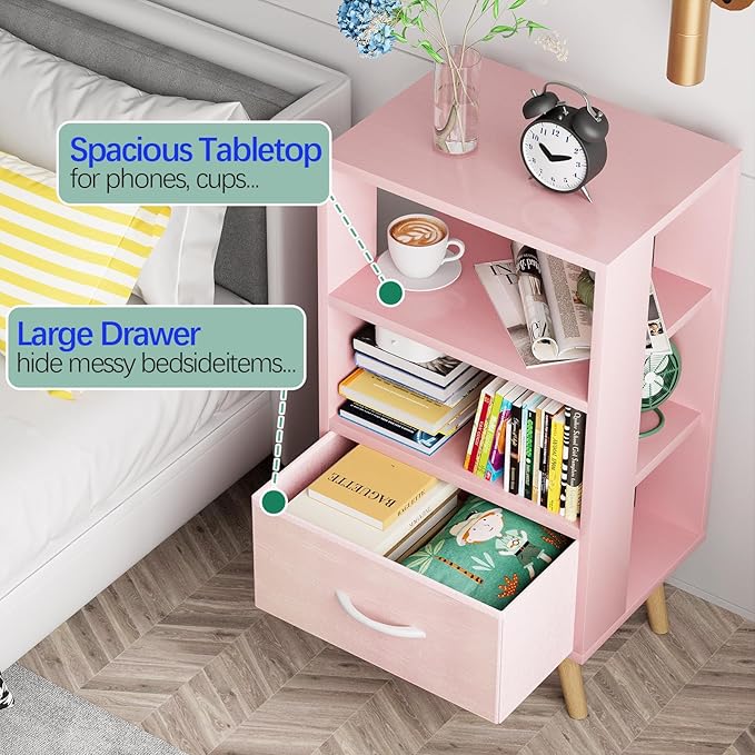 Night Stand, Pink Nightstand with Drawer, Side Table with Open Storage, 3-Tier Modern End Table, Bedside Table for Small Space, Living Room, Bedroom