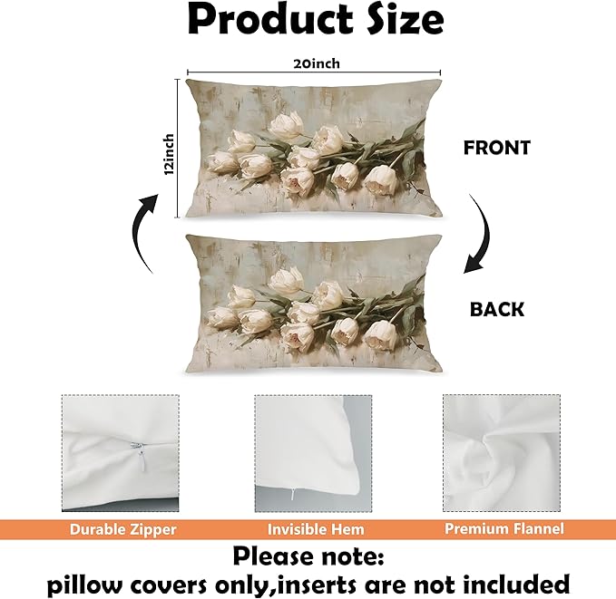 Vintage White Tulip Floral Lumbar Pillow Cover 12x20 Double-Sided, Cottagecore Room Decor, Neutral Farmhouse Spring White Flower Decorative Throw Pillow Cover for Living Room Home Bedroom