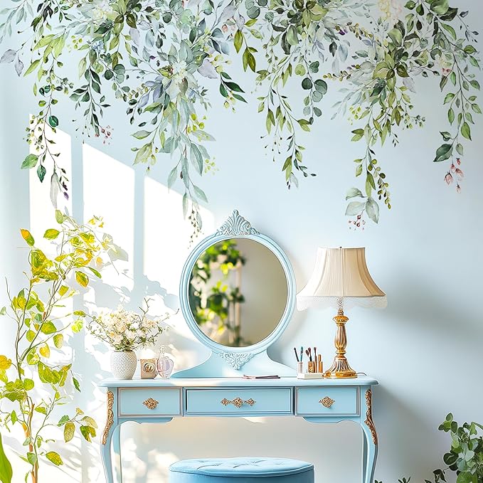 Green Plants Leaves Wall Decals Peel and Stick, Large Floral Flowers Wall Stickers, Removable Vine Home Decor Art for Bedroom Living Room Classroom Office