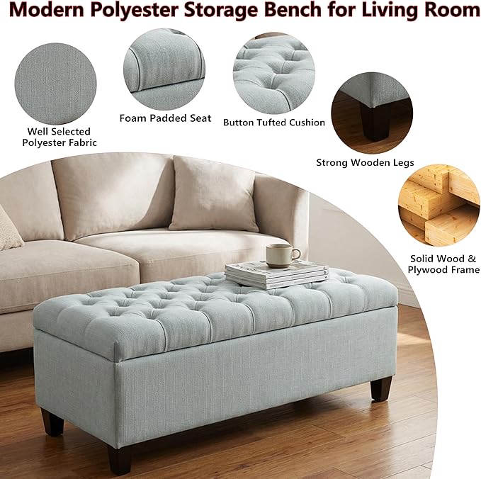 60.2" Storage Ottoman Bench for Bedroom Bed End,Polyester Upholstered Bench with Seating,Button Tufted Ottomans with Storage for Living Room,Bedside,Entryway (Baby Blue, 49.75")