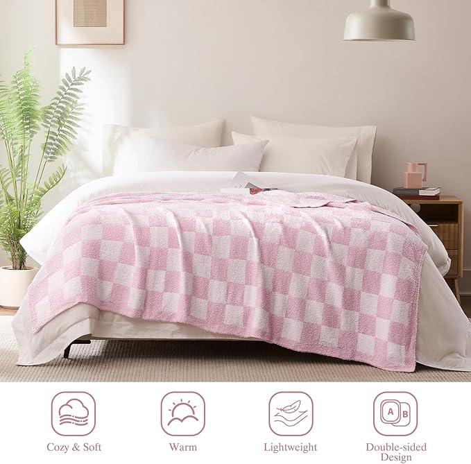 Checkered Throw Blanket, Pink Soft Cozy Fluffy Knitted Throw Blankets for Couch, Sofa, Bed, Chair, Warm Fuzzy Travel Picnic Lightweight Plaid Blanket, 60x80 inches