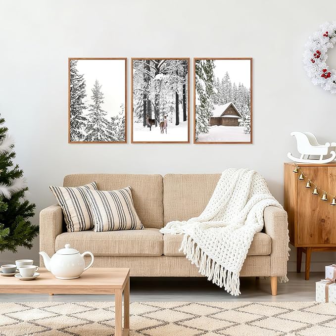 CHDITB Winter Wonderland Framed Canvas Wall Art Set Of 3, Nature Deer Wall Decor, Snowy Landscape Wall Painting, Farmhouse Winter Scene Cottage Art Prints for Living Room, Bedroom Decor (12X16 Inch)