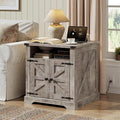 HOOBRO Farmhouse End Table with Charging Station, 23.6" Large End Tables for Living Room, Sofa Side Table with Barn Door, Wooden Square Nightstand Bedside Table, Flip Top, Greige GY601UBZ01