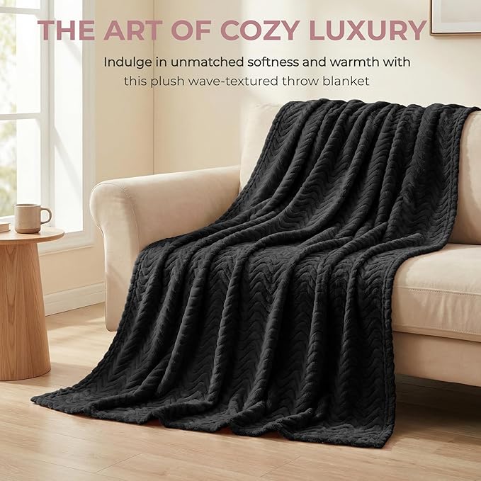 Exclusivo Mezcla Fleece Throw Blanket for Couch, Cozy Lightweight Blankets for All Season, Decorative Giftable Fuzzy Plush Wave Textured Throws for Women, Men, Black, 50x70 Inches