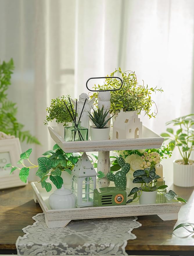 Hanobe Tiered Tray for Table Decor: Spring 2 Tier Decorative Tray Stand for Coffee Bar - Large Farmhouse White Display Stands for Holiday - Wood for Kitchen Counter Decorations