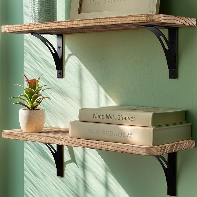 Reinforced Steel Bracket Room Shelves for Bedroom Wall - Easy to Install, Template and Video Included - Wall Mounted Rustic Wood Shelves for Bathroom, Home Decor