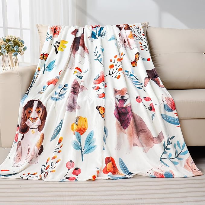 Dog Floral Flower Throw Blanket Gift for Dog Lover Blanket Dogs Themed Flannel Fleece Cozy Fuzzy Plush Throw Blankets for Home