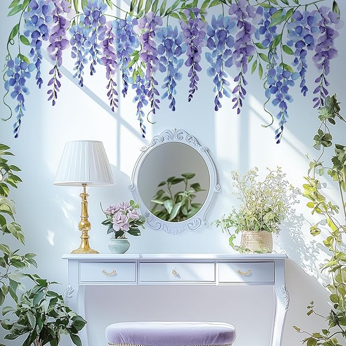 Purple Flowers Wall Decals Peel and Stick, Large Wisteria Floral Vinyl Wall Stickers, Removable Vine Home Decor Art for Bedroom Living Room Classroom Office