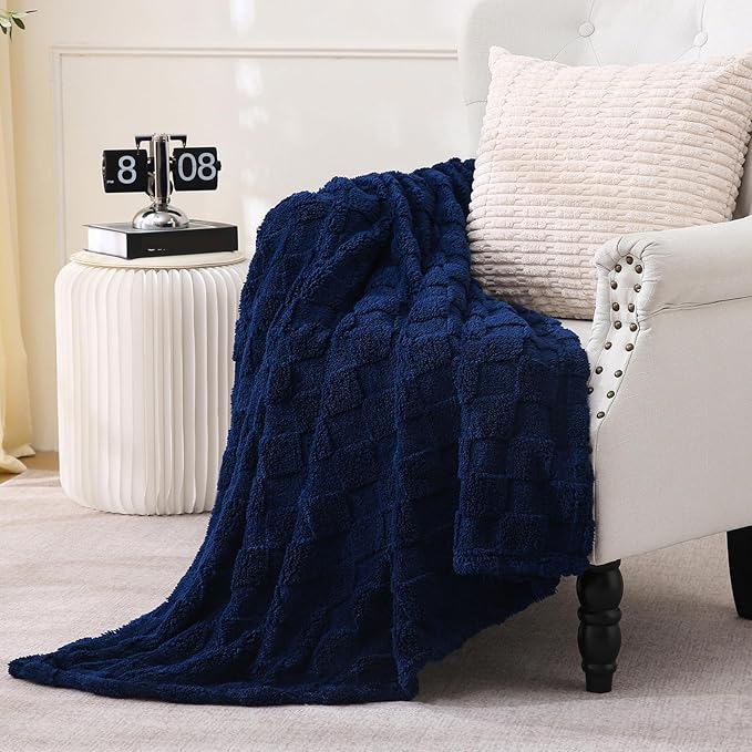 Navy Blue Fleece Throw Blanket 60”×80” for Couch Sofa Bed,Super Soft Cozy Plush Microfiber Flannel Blanket with 3D Checkered Design Lightweight for Adults,Woman,Girls