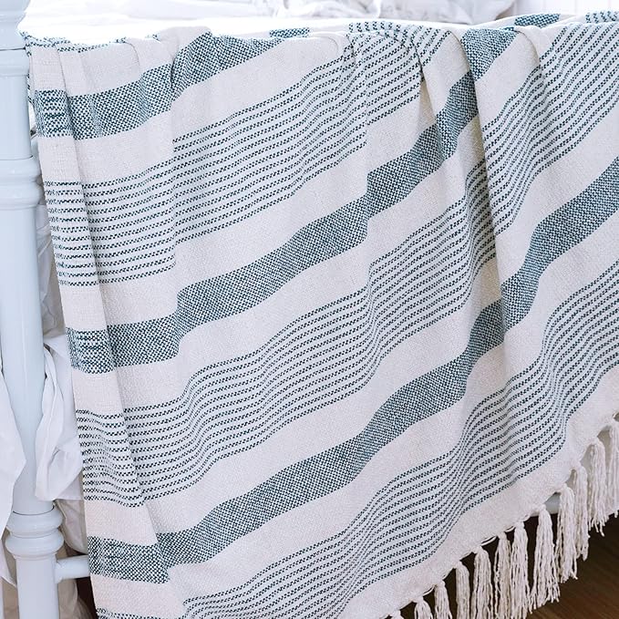 Decorative Blue White Striped Throw with Fringe, Soft Chenille Knitted Farmhouse Lightweight Blanket with Tassels for Couch Sofa Chair Bed Office Home Décor, Blue and Ivory, 50" x 60"