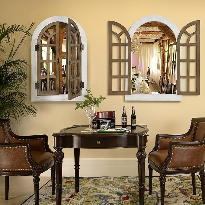 Window Mirrors for Wall Decor -White Arched Wall Mirror Farmhouse Wall Decor Wood Frame Decorative Wall Mirrors Like Window for Bedroom, Living Room, Entrance, Dining Room