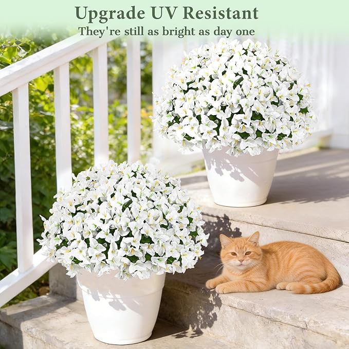 Yastouay 8 Bundles Artificial Flowers for Outdoors, Realistic Bougainvillea Fake Flowers for Outside, UV Resistant Silk Outdoor Faux Plants for Porch Patio Planter Front Door Garden Decor(White)