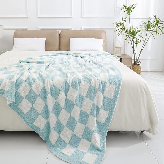 bearberry Fuzzy Checkerboard Grid Throw Blanket Soft Cozy Warm Microfiber All Season Blanket Decor for Couch Sofa Bed Travel Home (Baby Blue, 50''x60'')