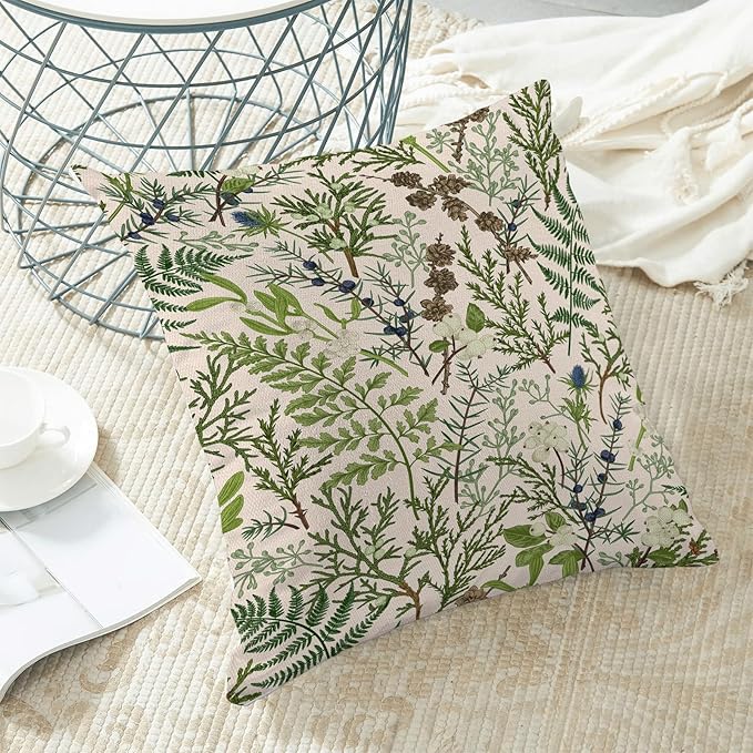 AEIOAE Spring Pillow Covers 18x18 Inch Set of 2,Vintage Sage Green Wild Flower Plant Throw Pillows Case,Seasonal Floral Outdoor Decorative Linen Farmhouse Decor Cushion Covers for Sofa Bed Couch
