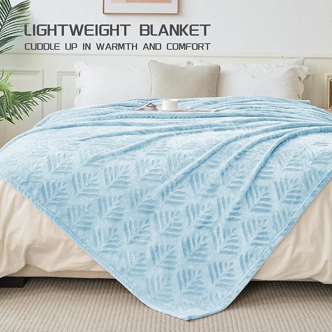 Exclusivo Mezcla Twin Size Fleece Blanket for Bed, Super Soft and Cozy Blankets All Season Use, Leaves Pattern, Plush Fuzzy Lightweight, Ice Blue, 60x80 Inch